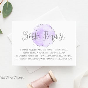Pour une baby shower, apportez un livre au lieu d'une carte, apportez un livre encart pour baby shower, carte de demande de livre violet gris, fichier numérique, W1260