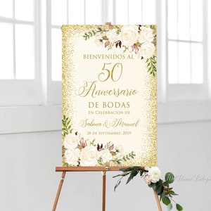 Bienvenidos al 50 Aniversario de Bodas, placa do 50º aniversário, decoração do 50º aniversário, flores brancas, placa espanhola, W704-4