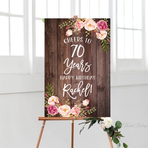 Saludos a 70 años Signo, Signo de feliz cumpleaños, Signo de bienvenida rústico, Bienvenido al signo de cumpleaños, Signo de cumpleaños, Imprimible, Rosa rubor, BW84