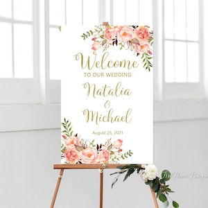 Coral Welcome Wedding Sign, Wedding Welcome Sign, Welcome To Our Wedding Sign, Coral and Gold Wedding Sign, Printable, W228