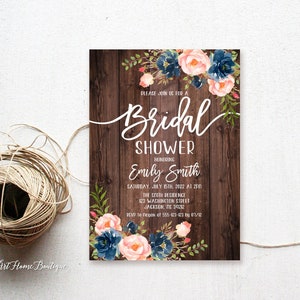 Navy Coral Bridal Shower Invitation, Rustic Bridal Shower Invitation, Blue and Coral Invitation, W1198