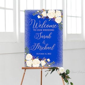 Royal Blue Welcome Wedding Sign, Blue Silver Welcome Wedding Sign, Floral Welcome Wedding Sign, Printable Welcome Sign, White Flowers, W1016