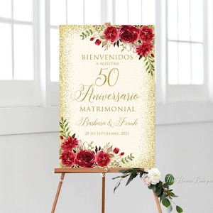 Bienvenidos a Nuestro 50 Aniversario Matrimonial, 50th Anniversary Sign, 50th Anniversary Decoration, Red Flowers, Spanish Sign, W720-2