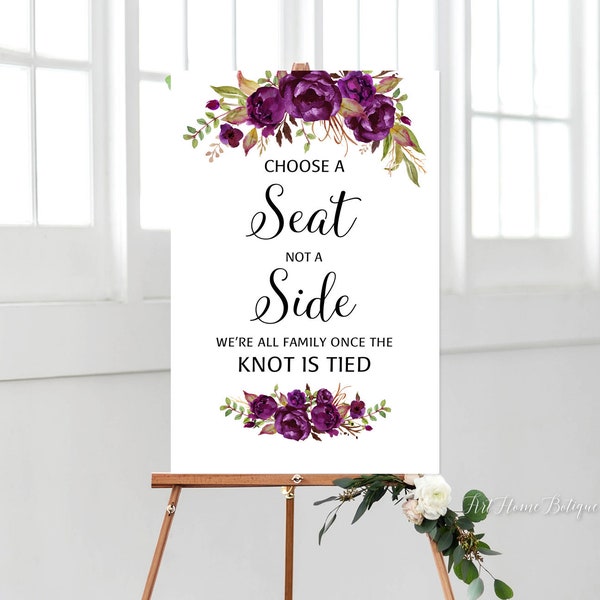 Eggplant Choose a Seat not a Side Sign, Pick a Seat Ceremony Sign, Deep Purple Wedding Sign, W456