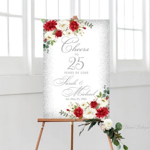 Saludos a 25 años de amor, signo de bienvenida del 25 aniversario, signo de bienvenida del aniversario de plata, rojo y blanco, W917
