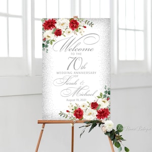 70th Anniversary Welcome Sign, 25th Anniversary Welcome Sign, Platinum Anniversary Sign, Silver Anniversary Welcome Sign, Red White, W917-1