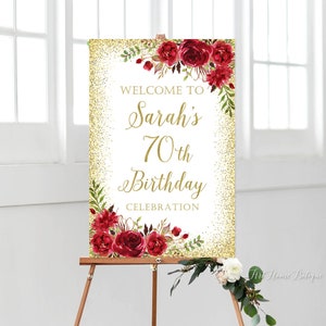 Red and Gold Birthday Welcome Sign, Large Welcome Sign, Red Flowers, W768-1