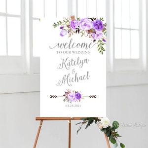Lavender Wedding Welcome Sign, Purple Wedding Welcome Sign, Large Welcome Sign, Wedding Signs Printable, Purple and Silver, Printable, W916