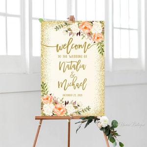 Signo de boda de bienvenida, signo de boda de bienvenida de marfil, bienvenido a nuestro signo de boda, flores blancas, imprimible, flores blancas y naranjas, W840