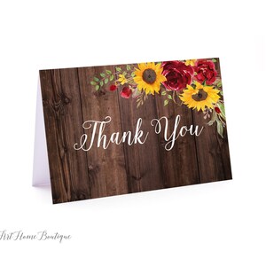Biglietti di ringraziamento girasole, biglietto di ringraziamento piegato floreale, biglietti di ringraziamento rustici, girasoli e rose rosse, download istantaneo, W982