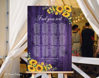 Plan de table mariage violet rustique, plan de table mariage tournesol, trouvez votre siège, plan de table anniversaire, fichier numérique, W1217