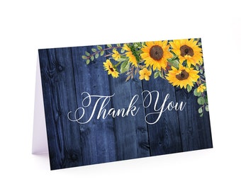 Sunflower Wedding Thank You Card, Rustic Navy Thank You Cards, Blue and Yellow Thank You Notes, Folded Thank You Card, W1026