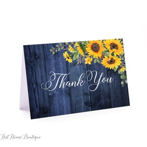 Sonnenblume Hochzeit Dankeskarte, Rustikale Marine Dankeskarten, Blaue und Gelbe Dankeskarte, Gefaltete Dankeskarte, W1026