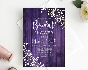 Rustic Purple Bridal Shower Invitation, Baby’s Breath Bridal Shower Invitation, Gypsophila Invitation, Printable, W1443