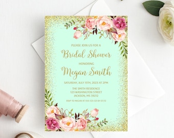 Bridal Shower Invitation, Floral Mint Bridal Shower Invitation, Boho Bridal Shower Invite, Bridal Shower Printable, W265