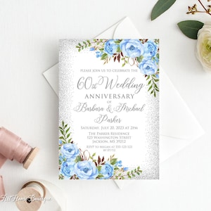 Faire-part 60e anniversaire, faire-part de mariage bleu argent, faire-part 60e anniversaire de mariage, anniversaire de diamant, W1188-1