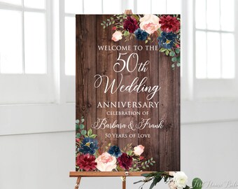 50th Anniversary Welcome Sign, 50th Anniversary Decoration, Rustic Anniversary Sign, Printable Welcome Sign, Burgundy navy and Blush, W971