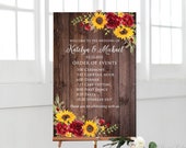 Order of Events Wedding Sign, Sunflower Order of Events Sign, Timeline Wedding Sign, Event Sign, Sunflower and Roses, Digital File, W982