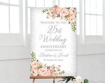 25th Wedding Anniversary Welcome Sign, 60th Anniversary Decoration, Silver Anniversary Sign, Blush Flowers, Printable Welcome Sign, W543