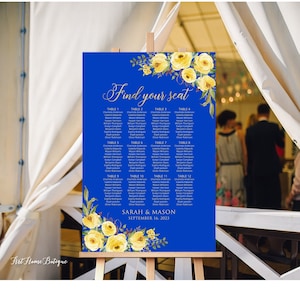 Tabella dei posti a sedere per matrimonio Royal Blue, pianta dei posti a sedere blu, trova il tuo posto, decorazioni blu reale, fiori gialli, file digitale, W1184