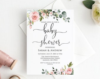Inbjudan till babyshower i rouge-stil, inbjudan till babyshower i rosa, blommig babyshower, W1268
