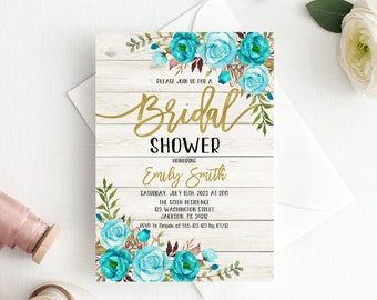 Teal Bridal Shower Invitation, Teal and Gold Bridal Shower Invitation, Turquoise Bridal Shower Invite, Digital Files, W955