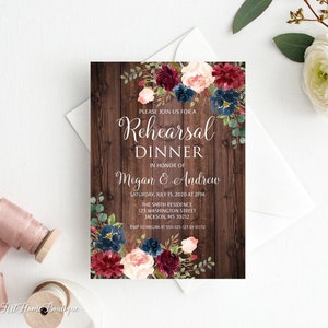 Rustic Rehearsal Dinner Invitation, Floral Rehearsal Party Invite, Printable, Burgundy Navy Blush Rehearsal Dinner Invitation, W417