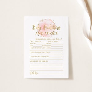 Jeu de prédictions et de conseils pour bébé, conseils aux parents, cartes de conseils roses et or pour baby shower, téléchargement immédiat, BS046
