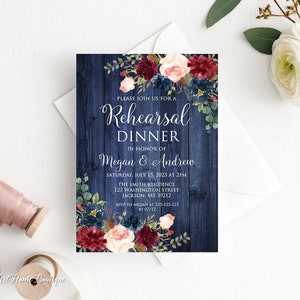 Navy Rustic Rehearsal Dinner Invitation, Floral Rehearsal Party Invite, Printable, Burgundy Navy Blush Rehearsal Dinner Invitation, W863