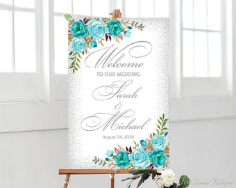 Teal Wedding Welcome Sign, Teal and Silver Wedding Welcome Sign, Welcome To Our Wedding Sign, W842