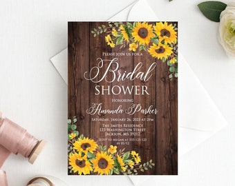 Sunflower Bridal Shower Invitation, Rustic Bridal Shower Invitation, Sunflower Invitation, W1022