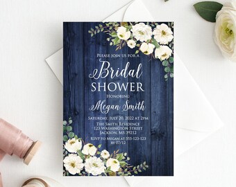 Navy Bridal Shower Invitation, Floral Bridal Shower Invitation, Boho Bridal Shower Invite, White Flowers, W873
