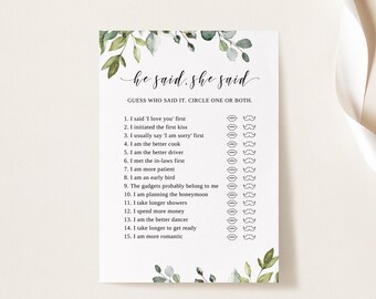 He Said She Said Bridal Shower Game, Greenery Bridal Shower Games, Botanical Bridal Shower Games, Digital File, W1080