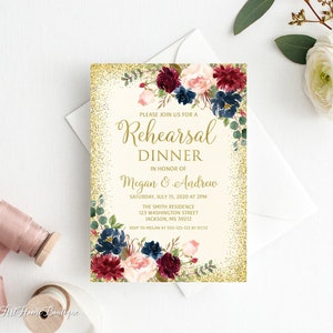 Rehearsal Dinner Invitation, Floral Rehearsal Party Invite, Printable, Burgundy Rehearsal Dinner Invitation, Navy, Gold, W384