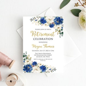 Royal Blue Retirement Party Invitation, Blue Gold Retirement Invitation, Retirement Celebration Invitation, Digital File, W1094