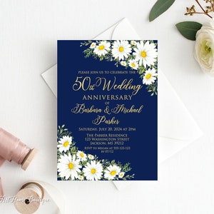 Navy 50th Anniversary Invitation, Daisy Wedding Party Invitation, 50th Wedding Anniversary Invitation, Daisy Anniversary Invitation, W1142-1