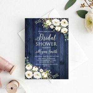 Navy Bridal Shower Invitation, Floral Bridal Shower Invitation, Boho Bridal Shower Invite, White Flowers, W873