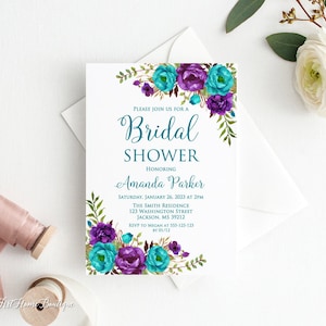 Teal and Purple Bridal Shower Invitation, Floral Bridal Shower Invitation, Purple and Turquoise Shower Invitation, Printable File, W1234