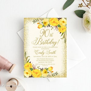90th Birthday Invitation, Any Age Birthday Invitation, Ivory and Gold Birthday Invite, Boho Birthday Invite, Yellow Roses, W715
