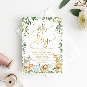 Safari Animal Baby Shower Invitation, Oh Boy Invitation, Greenery Baby Shower Invitation, Safari baby shower Invitation, W1189