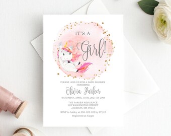May include: Pink and gold baby shower invitation with a watercolor illustration of a unicorn. The text reads "It's a Girl!" and includes the name Olivia Parker, the date and time of the shower, and the location. RSVP information is also included.