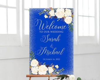 Royal Blue Welcome Wedding Sign, Blue Silver Welcome Wedding Sign, Floral Welcome Wedding Sign, Printable Welcome Sign, White Flowers, W1016