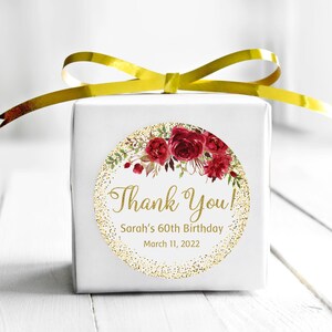 Red and Gold Favor Tags, Red Birthday Thank You Tags, Gold Birthday Favor Tags, 2 inch Round Labels, Floral Favor Tags, Digital File, W768