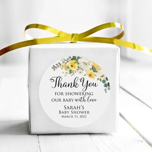 Yellow Baby Shower Thank You Tags, Favor Tags, 2 inch Round Labels, Floral Baby Shower Labels, Personalized, Digital File, W1134-2