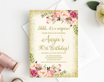 May include: Gold glitter background with pink and white floral design. Text reads "Shhh...it's a surprise! Please join us to celebrate Angie's 90th Birthday! Saturday, July 15th, 2024 at 2PM The Smith Residence 125 Washington Street Jackson, MS 39212 RSVP to Megan at 555-125-2123 by 03/12"