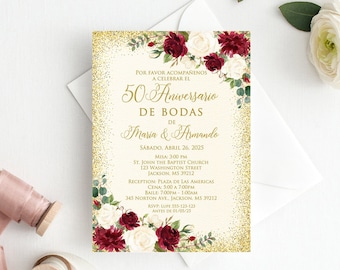 50 Aniversario de Bodas Invitation, Burgundy 50th Anniversary Invitation, Boda de Oro, Spanish Anniversary Invitation, W1674-3