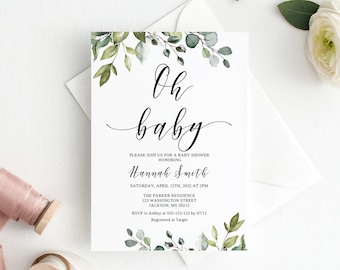 Botanical Baby Shower Invitation, Greenery Baby Shower Invitation, Oh Baby Invitation, Garden Baby Shower, Eucalyptus Baby Shower, W1080