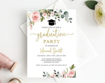 May include: A white graduation party invitation with a gold floral design and a gold graduation cap. The text reads "Please join us for a graduation party in honor of Hannah Smith. Saturday, April 15th, 2023 at 2pm. The Parker Residence, 123 Washington Street, Jackson, MS 39212. RSVP to Ashley at 555-123-123 by 07/12."