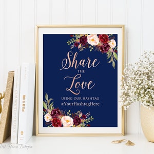 Bleu marine, signe hashtag Share the Love, signe de mariage Share the Love, signe Instagram de mariage, bleu marine, bordeaux, or rose, W322