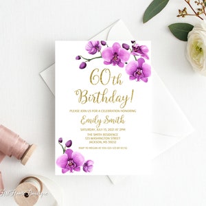 Orchid Birthday Invitation, 60th Birthday Invitation, Any Age, Purple Birthday Invitation, Orchid Invitation, W934